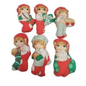 Vintage Christmas Plush Elves Santa Helpers Fabric Cut & Sew Ornaments Set Of 6